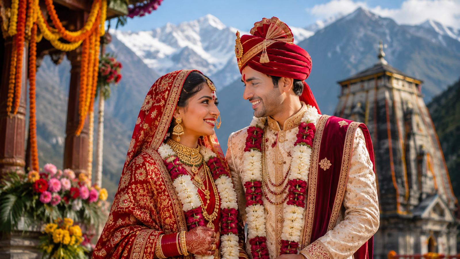 Traditional Garhwali bride and groom at an Uttarakhand wedding ceremony.